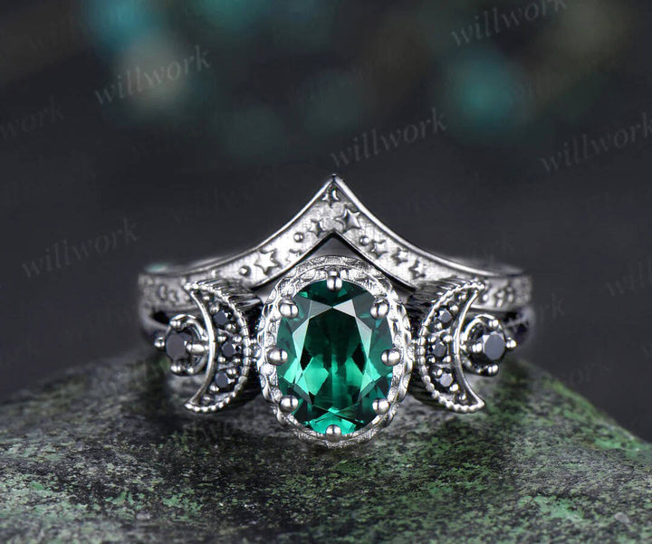 Gothic oval emerald ring set black gold crescent moon engagement ring curved starry stackable band May birthstone promise ring