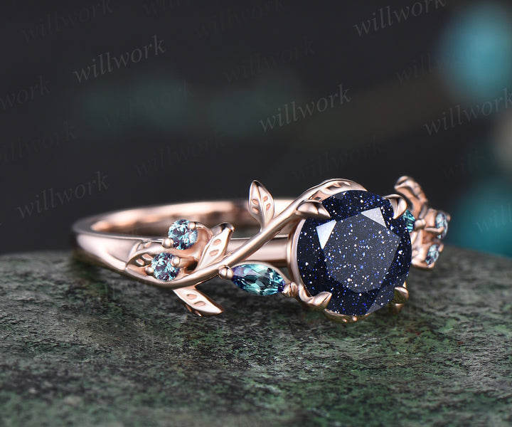 Galaxy Round Cut Blue Sandstone Engagement Ring Leaf Vine Twig Branch Nature Inspired Wedding Ring Alexandrite Bridal Ring Floral Healing Jewelry
