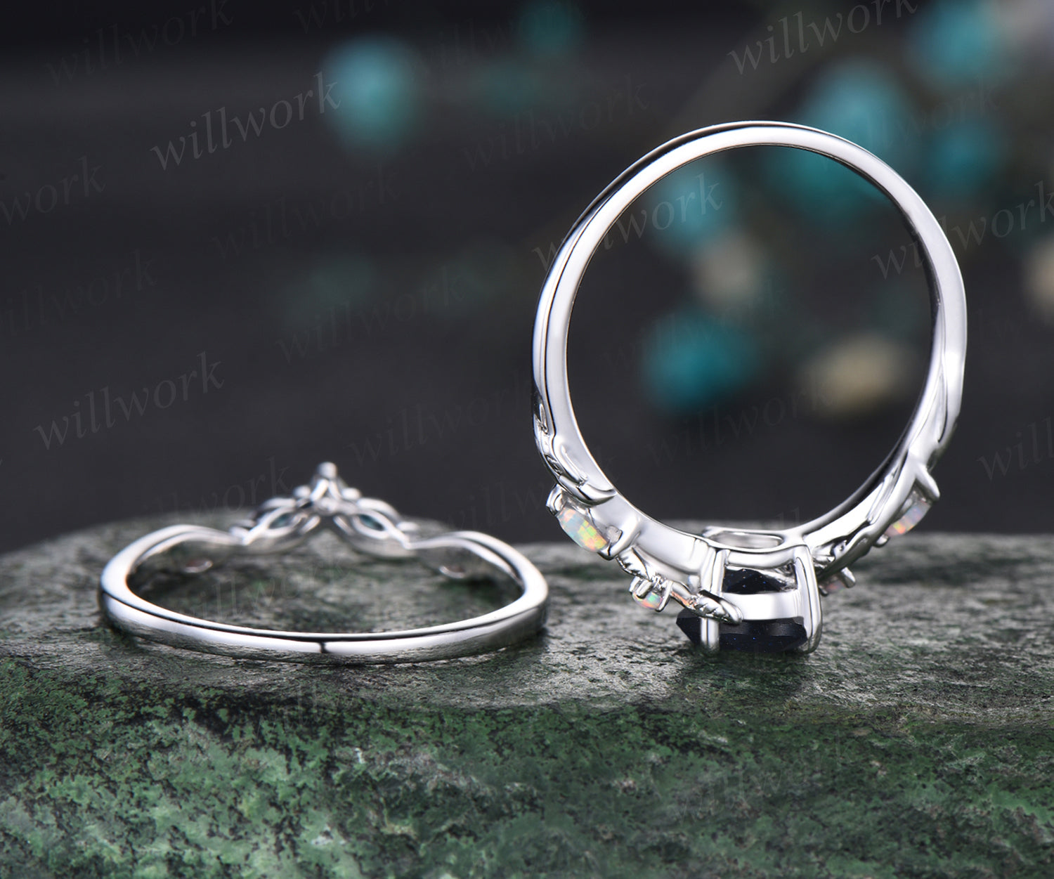 Prong Set London Blue Topaz Side Stone Diamond Engagement Wedding Ring