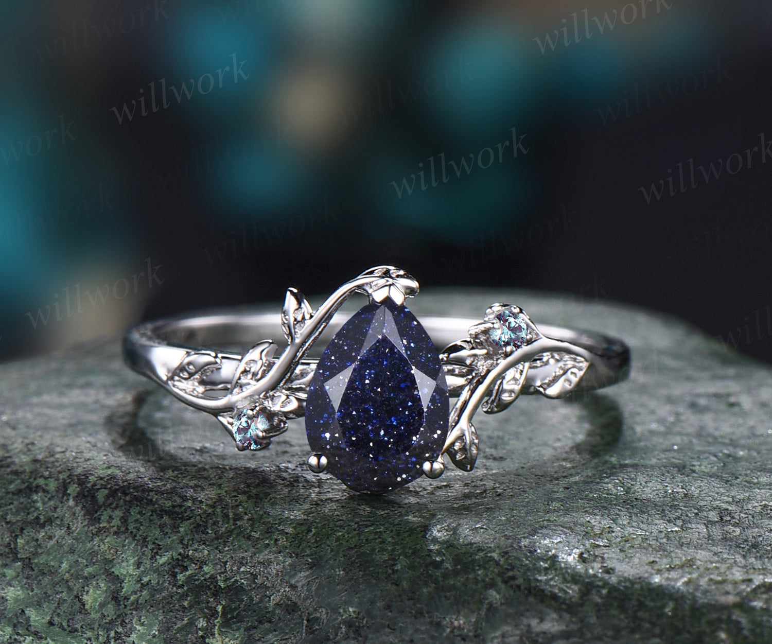 Vintage Blue 2024 Sandstone Engagement Ring Set Pear Cut Blue Sandstone Wedding Ring Set Blue Stone Ring Set Bridal Anniversary Promise Ring Set