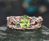 Pear Shaped August Birthstone Natural Peridot Engagement Ring Set Unique Leaf Floral Vine Twig Branch Nature Inspired Emerald Ring 14k Rose Gold 2pcs Bridal Ring Set