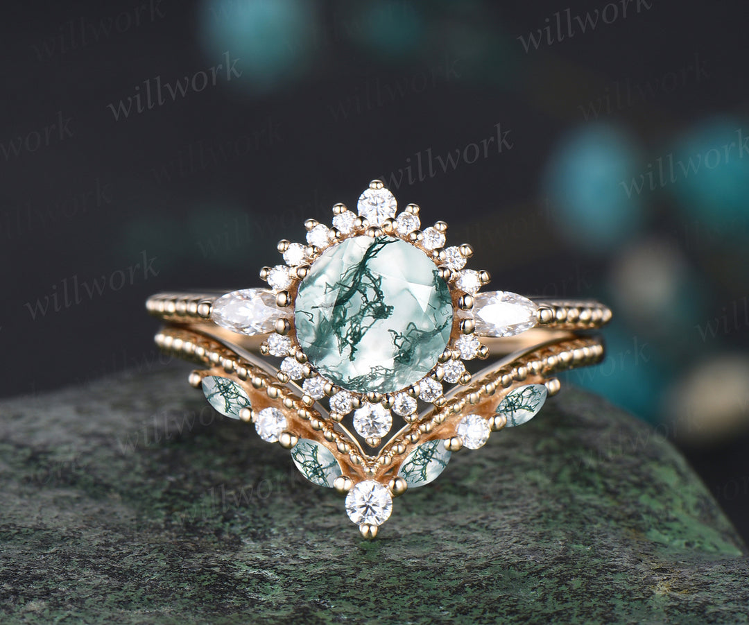 Milgrain Round Cut Natural Green Moss Agate Engagement Ring Set Vintage 14k Yellow Gold Moissanite Halo 3pcs Bridal Ring Set