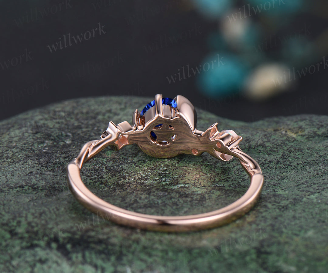 Round Cut September Birthstone Blue Sapphire Engagement Ring Unique Moon Star Twisted Ring Art Deco Opal Moonstone Anniversary Gift Women Jewelry