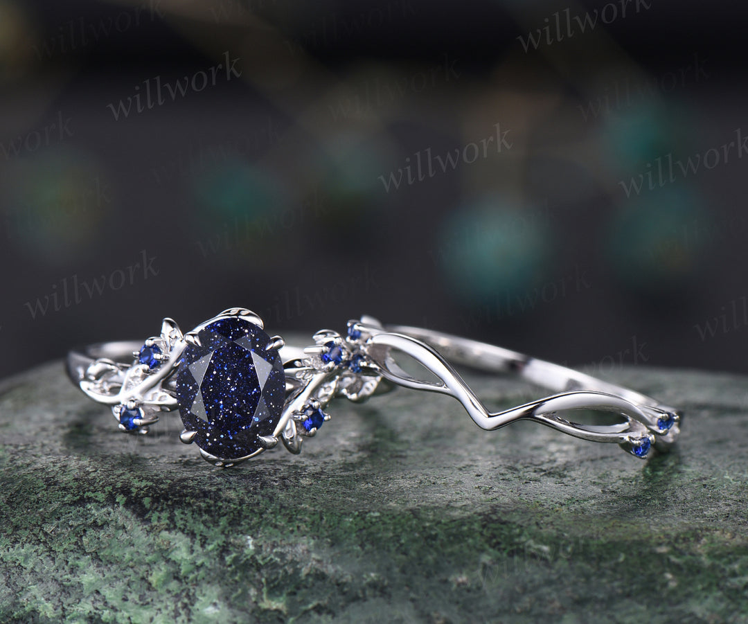 Unique Blue Sandstone Engagement Ring Set Leaf Vine Twig Branch Nature Inspired Ring Set Blue Sapphire 2pcs Bridal Ring Set