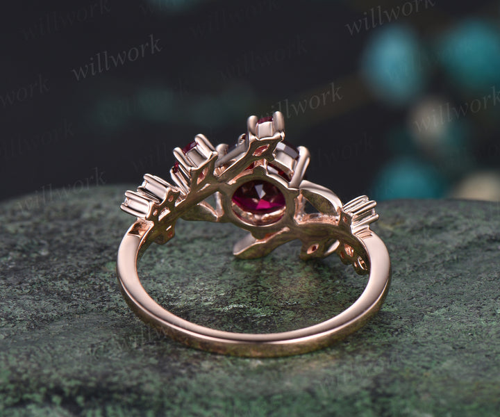 Vintage July Birthstone Round Cut Ruby Engagement Ring Art Deco Leaf Vine Twig Branch Nature Inspired Ring 14k Rose Gold Birthday Gift For Mother