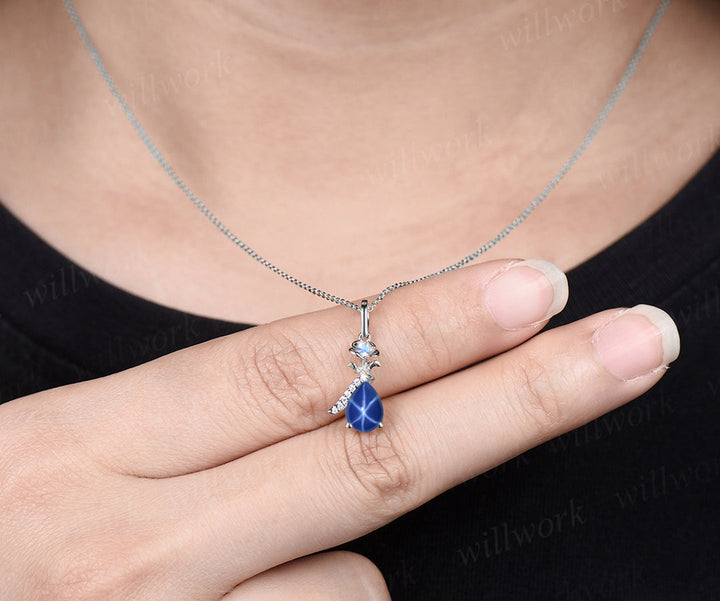 READY TO SHIP: Pear-cut Blue Star Sapphire Necklace - Sterling Silver