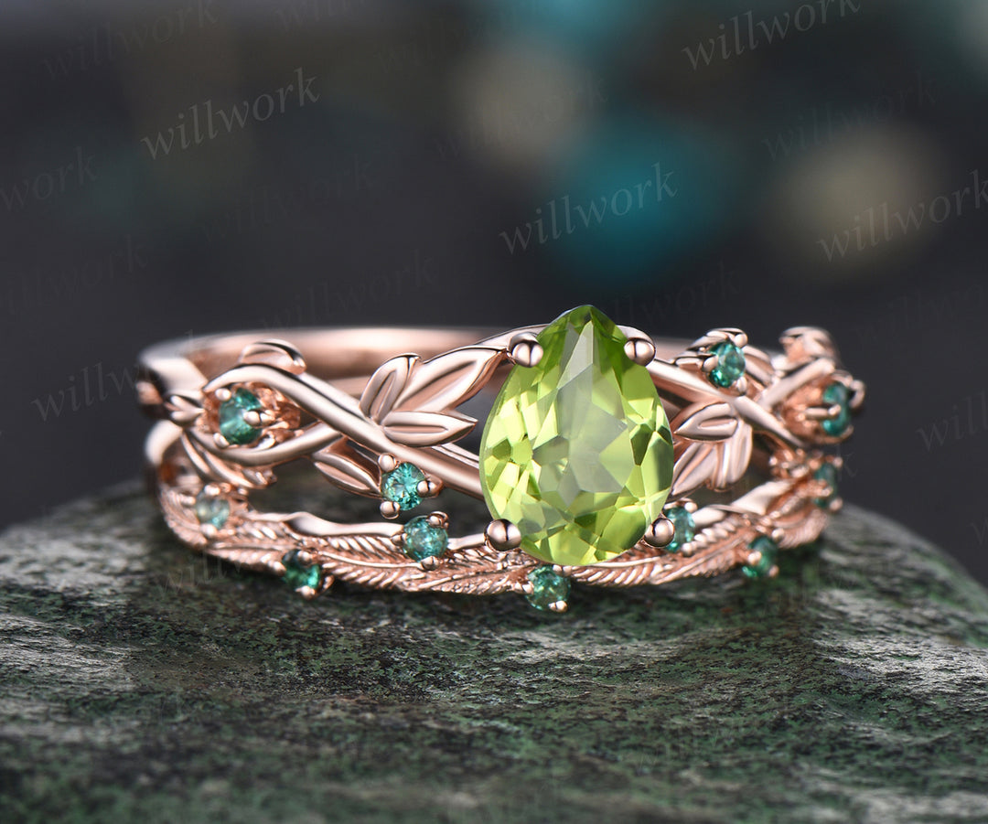 Pear Shaped August Birthstone Natural Peridot Engagement Ring Set Unique Leaf Floral Vine Twig Branch Nature Inspired Emerald Ring 14k Rose Gold 2pcs Bridal Ring Set