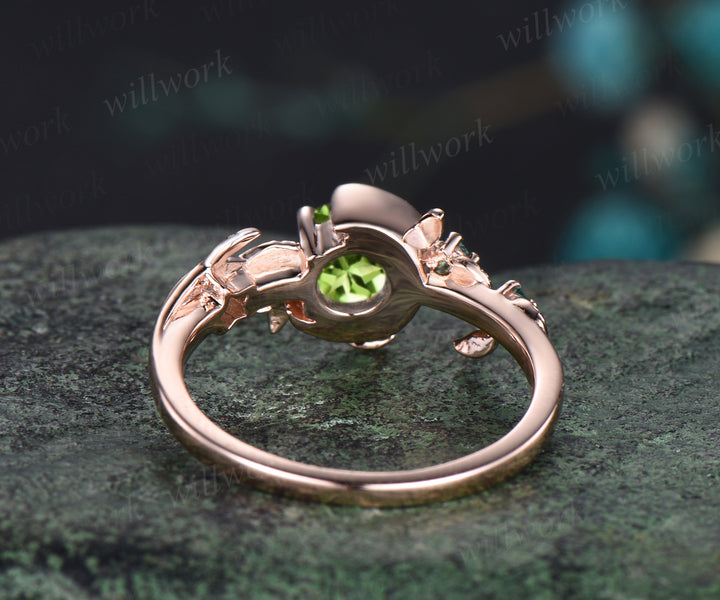 Vintage August Birthstone Round Cut Natural Peridot Engagement Ring 14k Rose Gold Emerald Moon Star Leaf Nature Inspired Bridal Ring Promise Gift