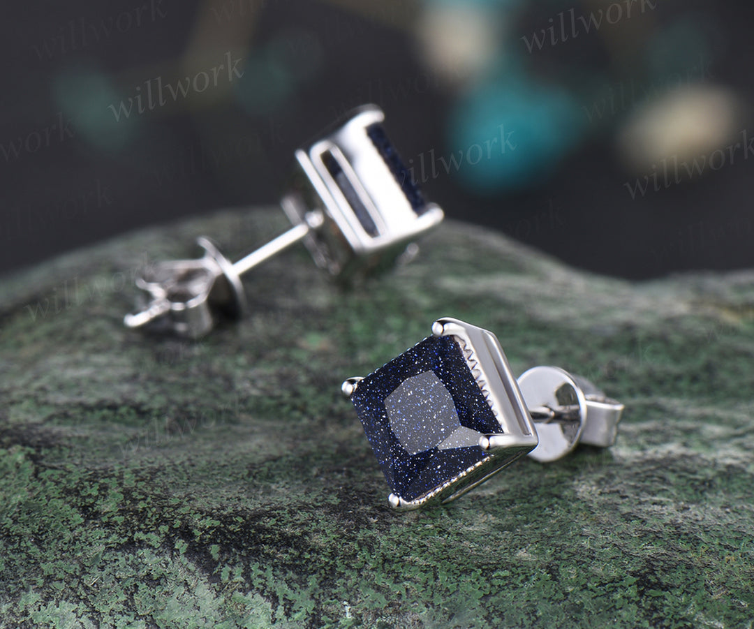 Milgrain Princess Cut Blue Sandstone Solitaire Earrings Vintage Antique Blue Gemstone Galaxy Healing Stud Earrings Delicate Night Sky Promise Earrings