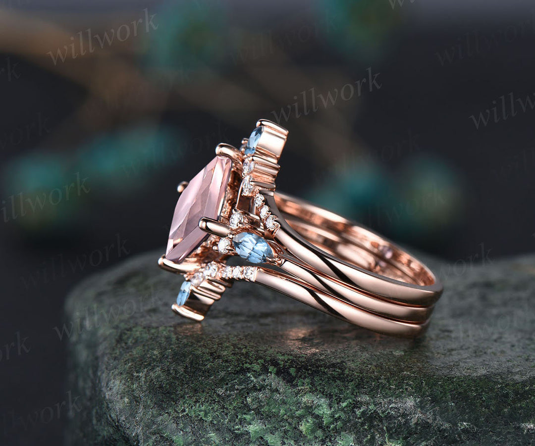 Art Deco Princess Cut Natural Morganite Engagement Ring Set 14k Rose Gold Blue Topaz Moissanite 3pcs Bridal Ring Set