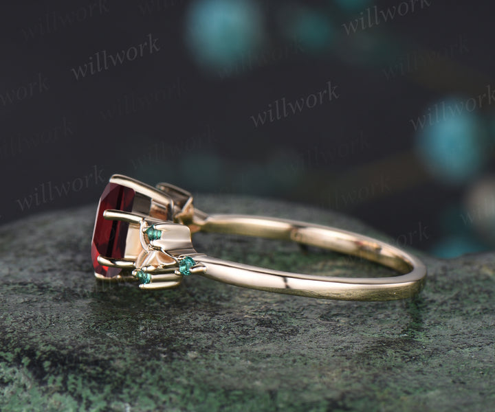 Vintage July Birthstone Hexagon Cut Ruby Engagement Ring Art Deco Celtic Knot Wedding Ring Antique Seven Stone Emerald Bridal Ring Mother Gift