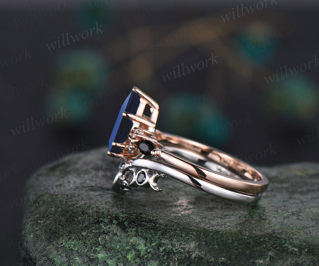 Kite Cut September Birthstone Blue Sapphire Engagement Ring Set Unique Black Spinel Moissanite Celtic Knot 2pcs Bridal Ring Set