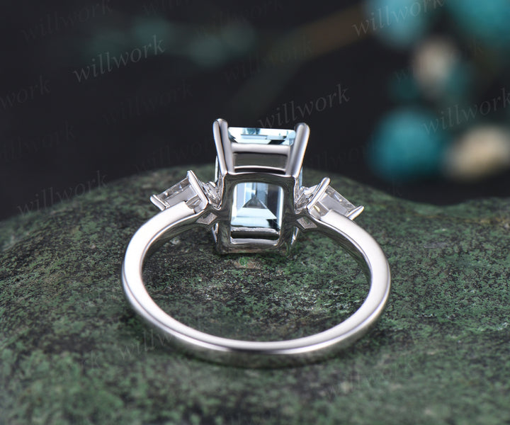 Unique March Birthstone Emerald Cut Natural Aquamarine Engagement Ring Kite Moissanite Three Stone Ring 14k White Gold Bridal Gift For Women