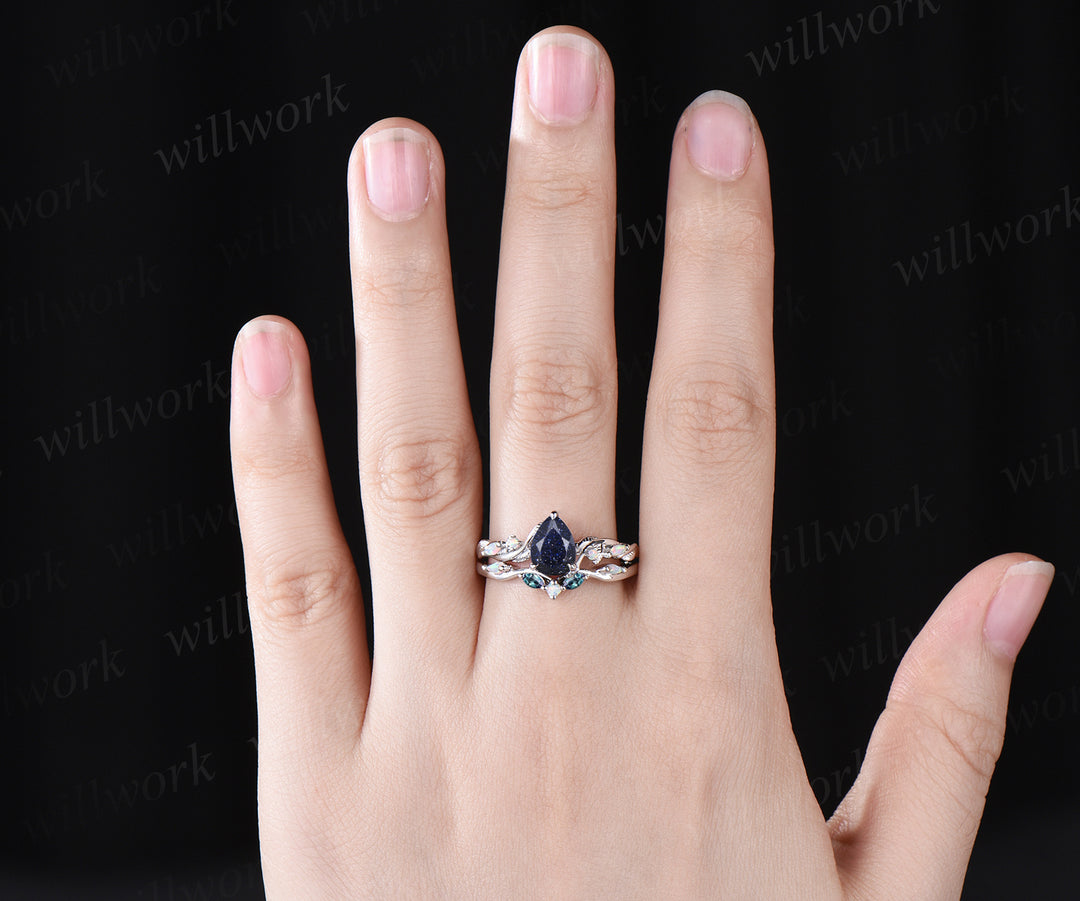 Pear Cut Galaxy Blue Sandstone Engagement Ring Unique Opal Alexandrite Five Stone Wedding Band Art Deco Leaf Vine Twig Branch Nature Inspired 2pcs Bridal Anniversary Ring Set Healing Jewelry