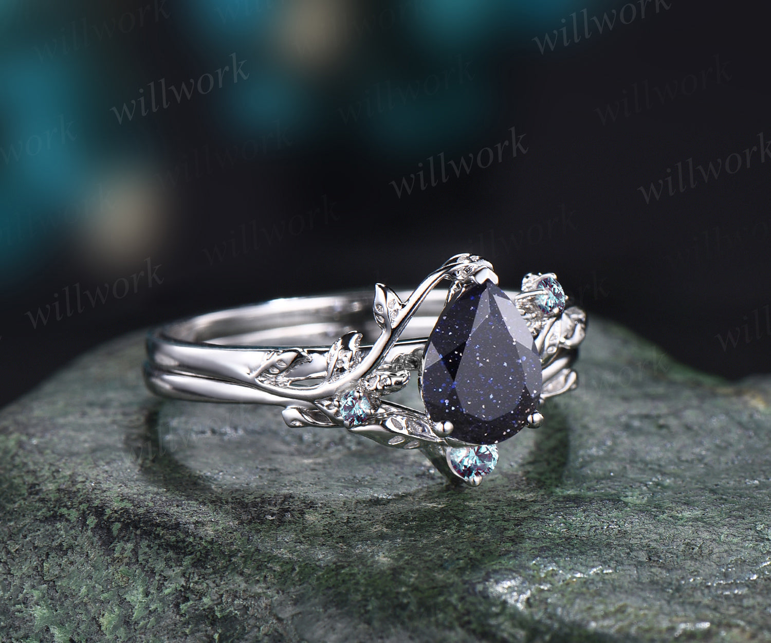 Blue Sandstone Ring Set For retailer Women Pear Shape Blue Sandstone Engagement Ring Set Blue Sandstone Art Deco Wedding Anniversary Ring Set For Her