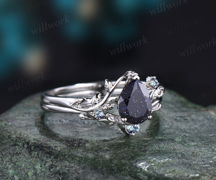 Galaxy Pear Cut Blue Sandstone Engagement Ring Set Unique Alexandrite Wedding Ring Art Deco 14k White Gold Leaf Floral Vine Twig Branch Nature Inspired 2pcs Bridal Anniversary Ring Set Healing Ring