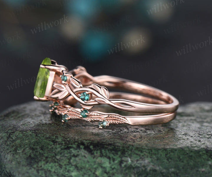 Pear Shaped August Birthstone Natural Peridot Engagement Ring Set Unique Leaf Floral Vine Twig Branch Nature Inspired Emerald Ring 14k Rose Gold 2pcs Bridal Ring Set