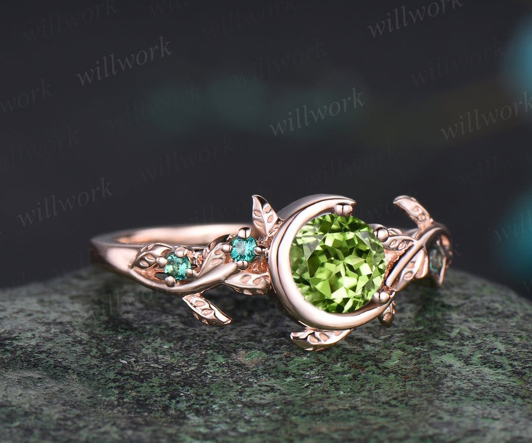 Vintage August Birthstone Round Cut Natural Peridot Engagement Ring 14k Rose Gold Emerald Moon Star Leaf Nature Inspired Bridal Ring Promise Gift