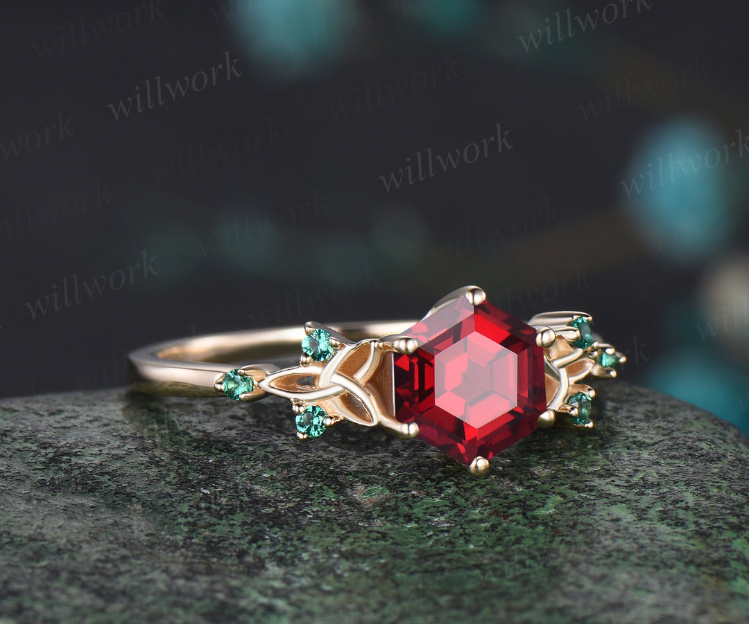Vintage July Birthstone Hexagon Cut Ruby Engagement Ring Art Deco Celtic Knot Wedding Ring Antique Seven Stone Emerald Bridal Ring Mother Gift