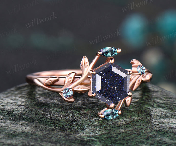 Hexagon Cut Galaxy Blue Sandstone Engagement Wedding Ring Alexandrite Leaf Vine Twig Branch Nature Inspired Ring Five Stone Healing Jewelry