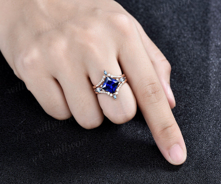 Unique Princess Cut September Birthstone Blue Sapphire Engagement Ring Set 14k Rose Gold Blue Topaz Moissanite Halo Cluster 3pcs Bridal Ring Set