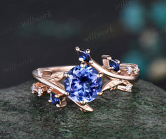 Round natural tanzanite engagement ring art deco blue sapphire moissanite leaf vine twig ring nature inspired bridal ring