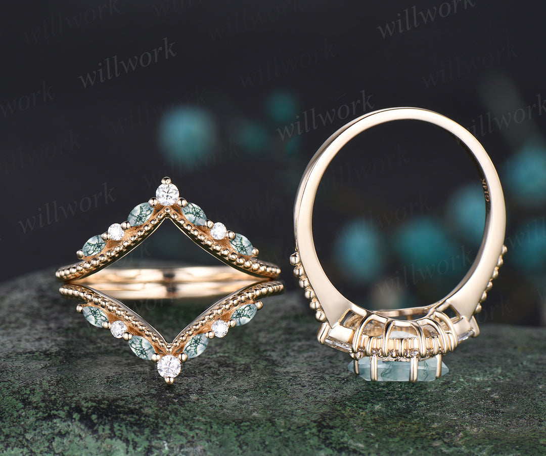 Milgrain Round Cut Natural Green Moss Agate Engagement Ring Set Vintage 14k Yellow Gold Moissanite Halo 3pcs Bridal Ring Set