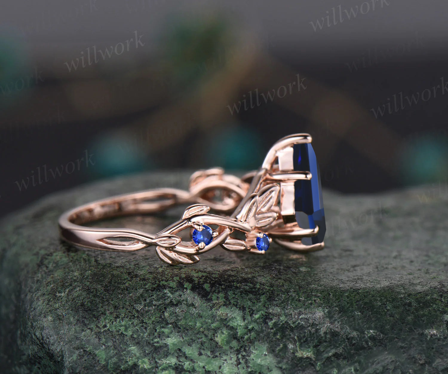 Unique Blue Sapphire Engagement Ring Set 14K Rose Gold Hexagon Nature Inspired Blue Sapphire Ring Handmade September Birthstone outlet Jewelry Gift