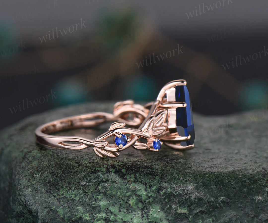 Twig Blue Sapphire ring vintage kite cut September Birthstone Blue Sapphire engagement ring nature inspired rose gold ring leaf women unique wedding ring