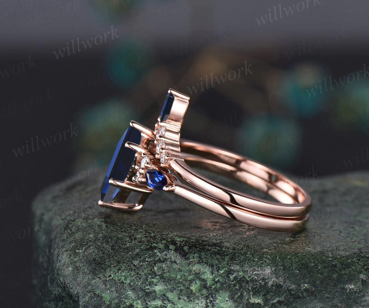 Unique Kite Cut September Birthstone Blue Sapphire Engagement Ring Set Art Deco Moissanite Diamond Curved V Shaped Wedding Band