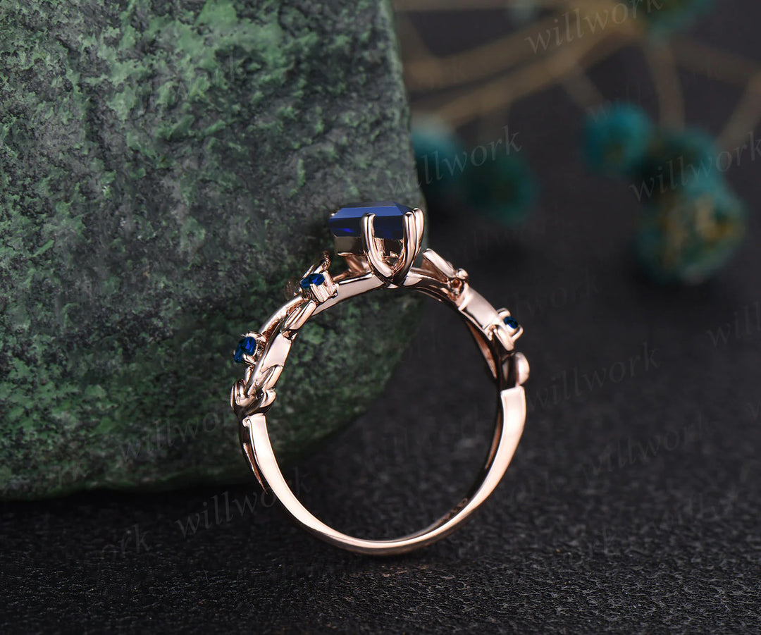 Twig Blue Sapphire ring vintage kite cut September Birthstone Blue Sapphire engagement ring nature inspired rose gold ring leaf women unique wedding ring
