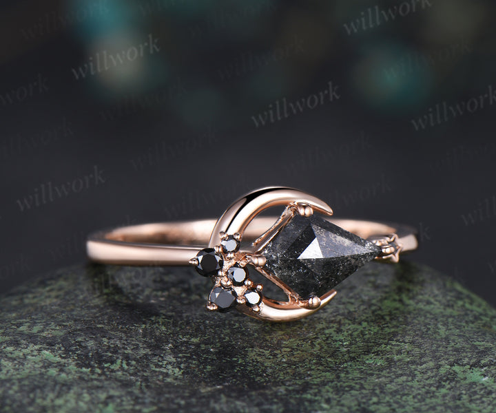 Moon kite cut salt and pepper diamond engagement ring East To West black diamond wedding anniversary ring gift