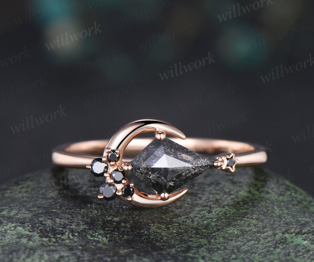 Moon kite cut salt and pepper diamond engagement ring East To West black diamond wedding anniversary ring gift