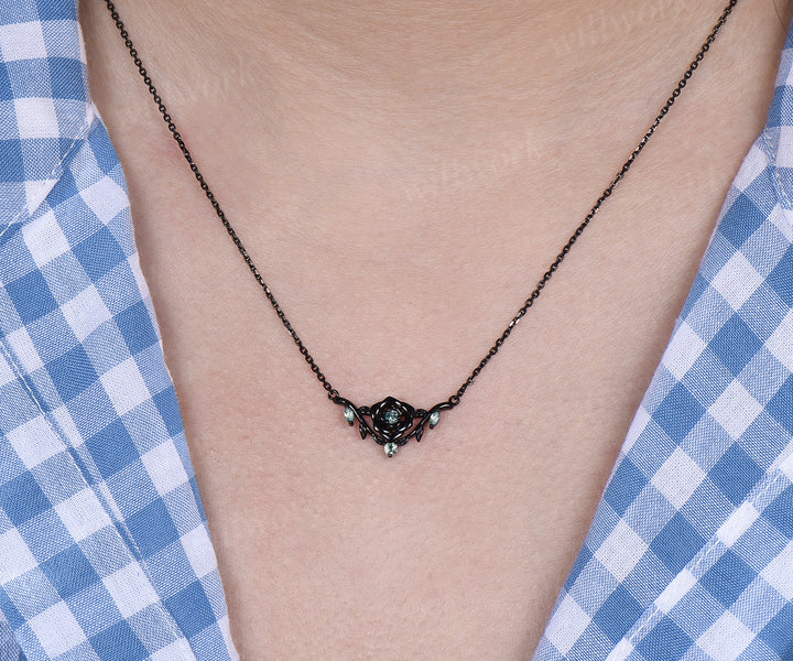 Floral moss agate necklace round cut green moss agate leaf twig bold black gold pendant necklace wedding anniversary gifts