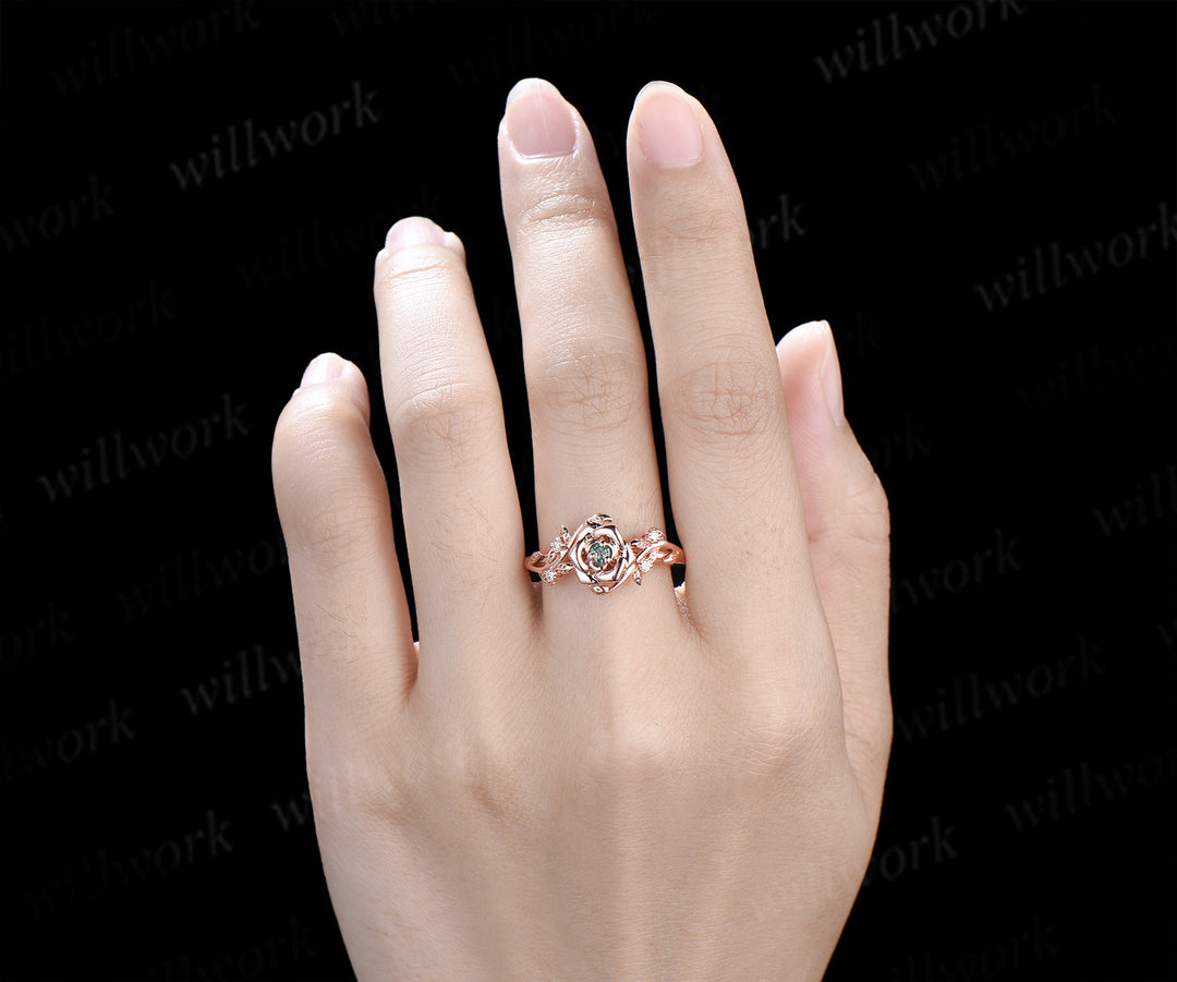 Dainty round moss agate engagement ring rose flower leaf vine moissanite ring nature inspired bridal jewelry