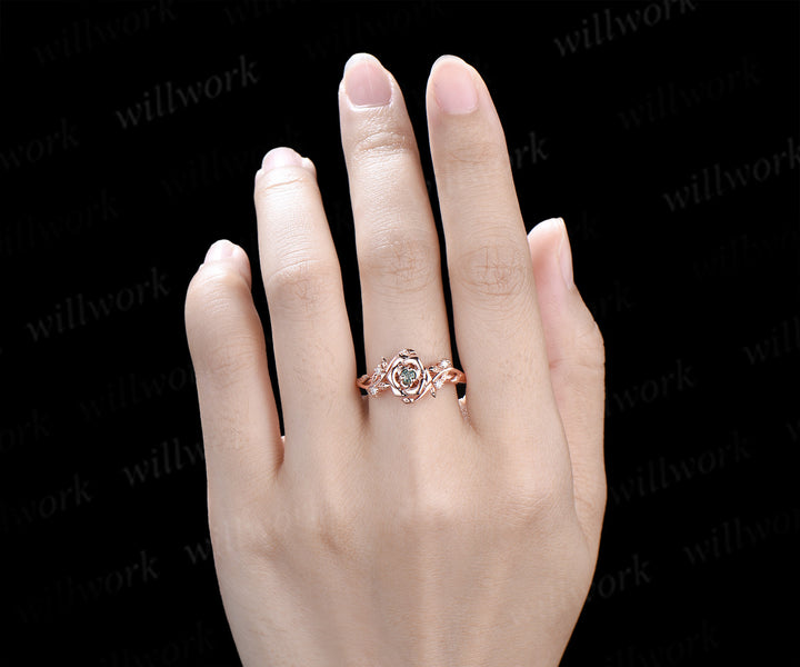 Dainty round moss agate engagement ring rose flower leaf vine moissanite ring nature inspired bridal jewelry