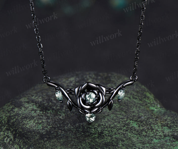 Floral moss agate necklace round cut green moss agate leaf twig bold black gold pendant necklace wedding anniversary gifts