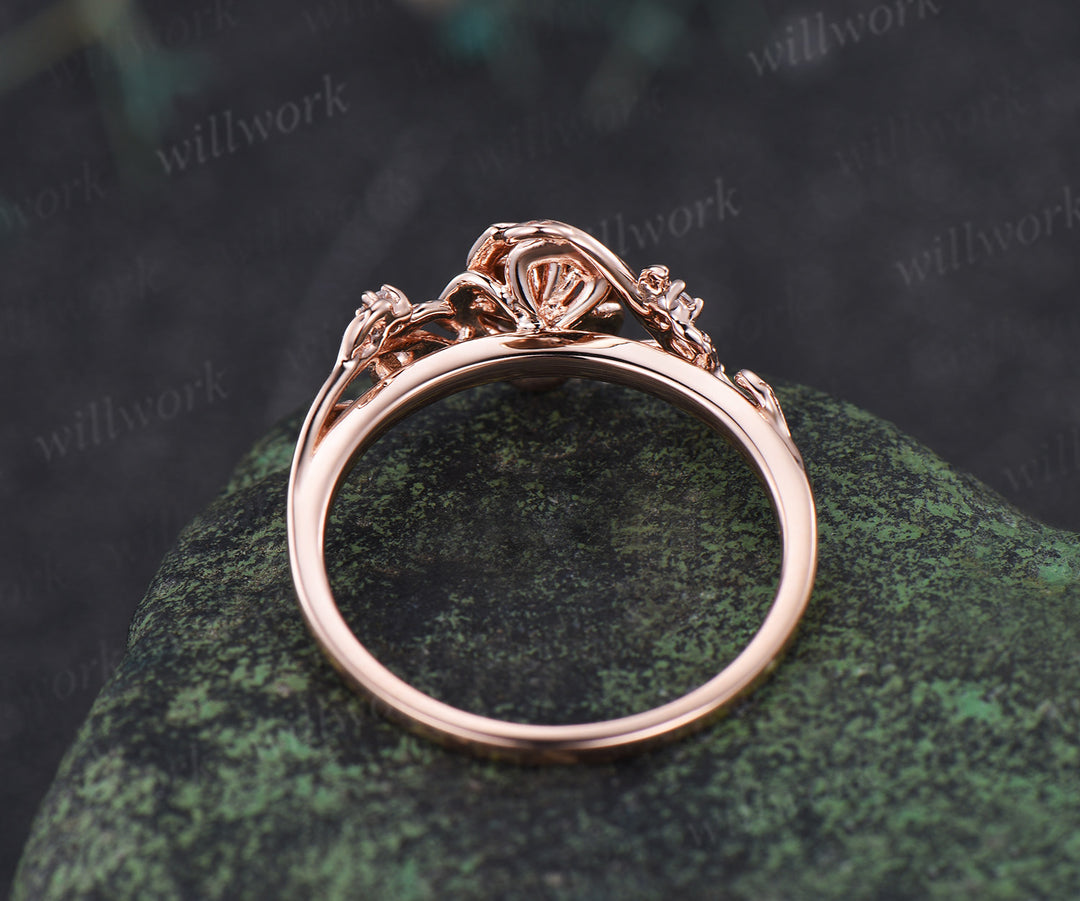 Dainty round moss agate engagement ring rose flower leaf vine moissanite ring nature inspired bridal jewelry