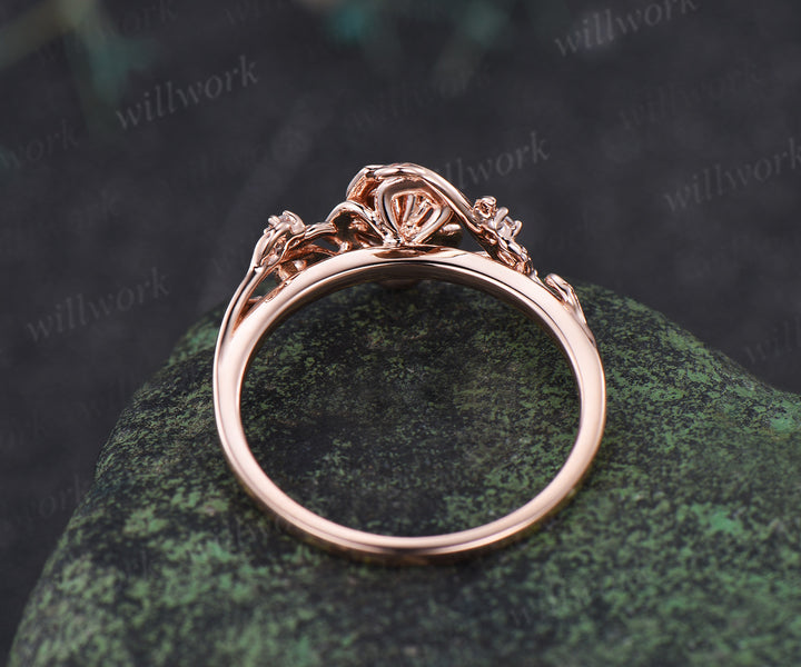 Dainty round moss agate engagement ring rose flower leaf vine moissanite ring nature inspired bridal jewelry