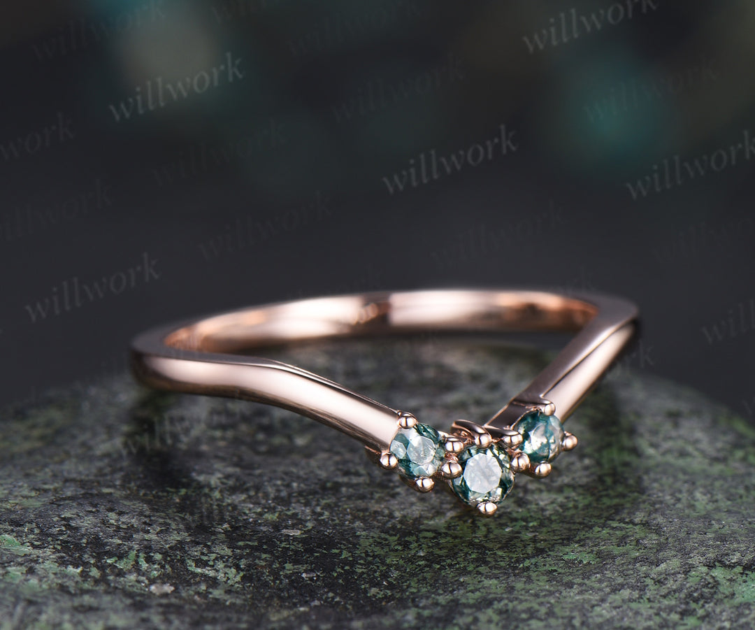 Curved moss agate wedding band unique stacking wedding ring rose gold matching wedding band
