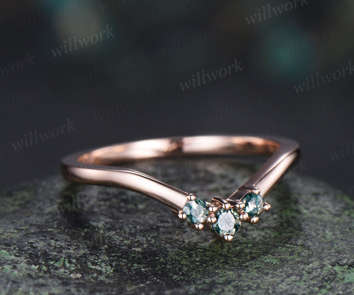 Curved moss agate wedding band unique stacking wedding ring rose gold matching wedding band