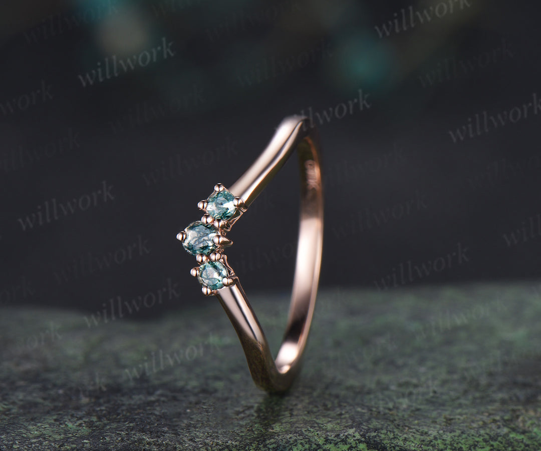 Curved moss agate wedding band unique stacking wedding ring rose gold matching wedding band