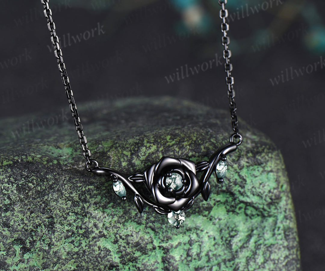 Floral moss agate necklace round cut green moss agate leaf twig bold black gold pendant necklace wedding anniversary gifts