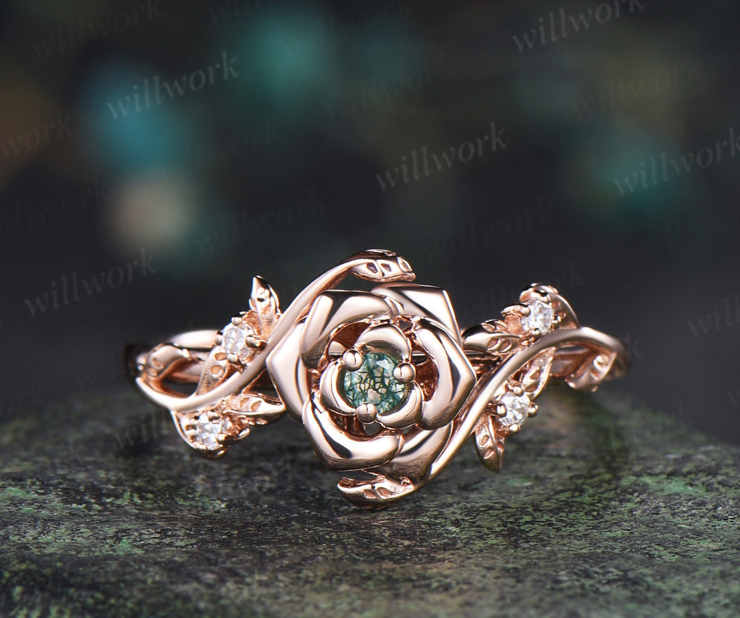 Dainty round moss agate engagement ring rose flower leaf vine