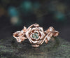 Dainty round moss agate engagement ring rose flower leaf vine moissanite ring nature inspired bridal jewelry