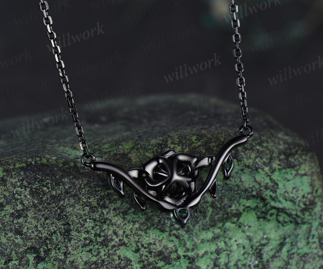 Floral moss agate necklace round cut green moss agate leaf twig bold black gold pendant necklace wedding anniversary gifts