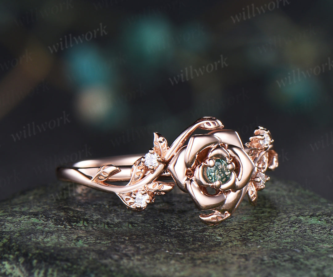 Dainty round moss agate engagement ring rose flower leaf vine moissanite ring nature inspired bridal jewelry
