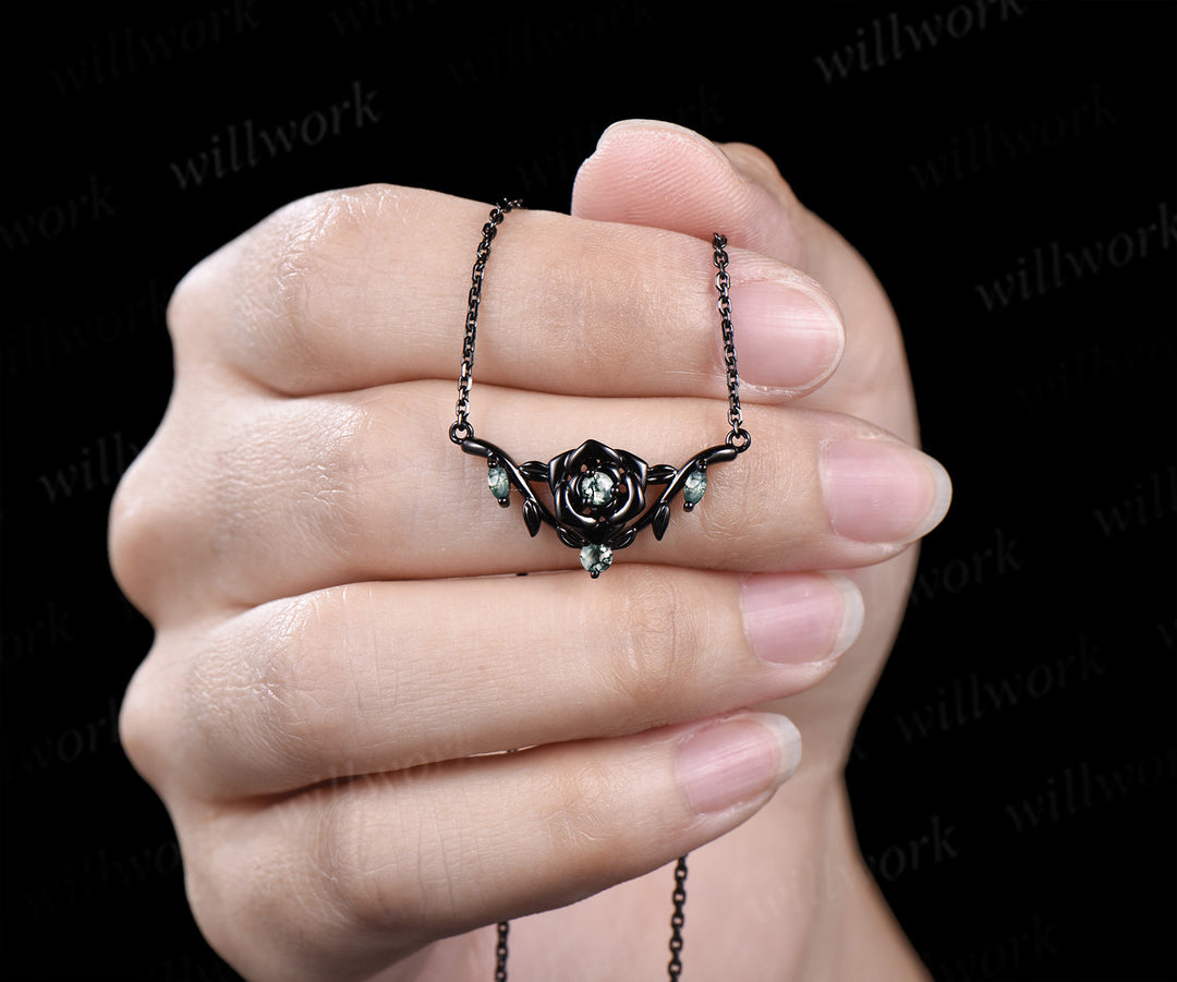 Floral moss agate necklace round cut green moss agate leaf twig bold black gold pendant necklace wedding anniversary gifts