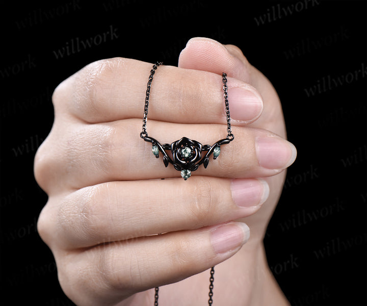 Floral moss agate necklace round cut green moss agate leaf twig bold black gold pendant necklace wedding anniversary gifts