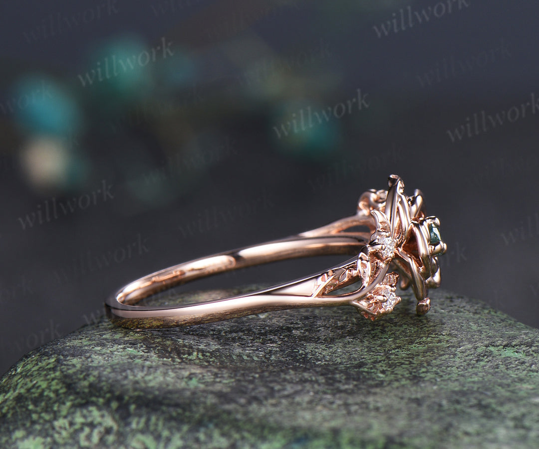 Dainty round moss agate engagement ring rose flower leaf vine moissanite ring nature inspired bridal jewelry